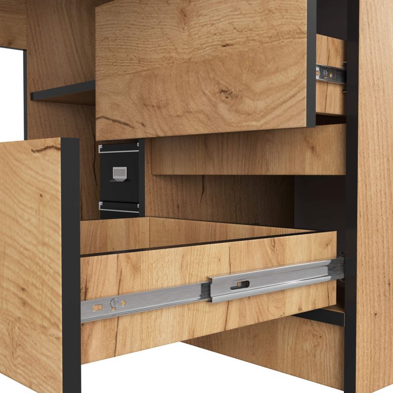 Casa si Gradina - Mobilier - Mese si birouri - Birouri - Birou colt dreapta in L cu 3 sertare si rafturi, PAL laminat 16 mm, 155x85x77 cm, stejar craft - Infinity.ro