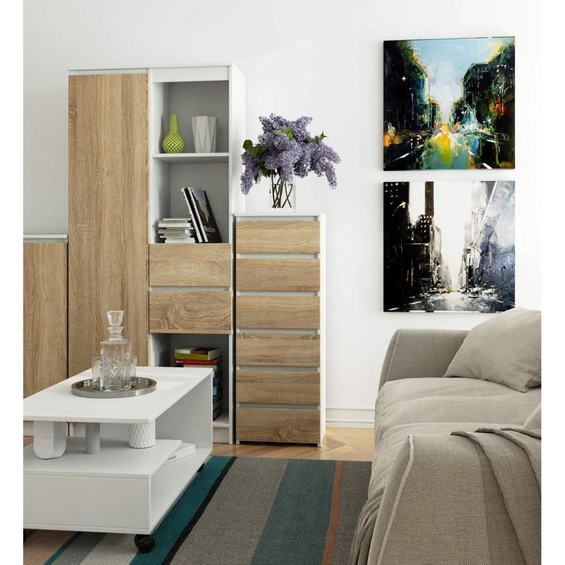 Casa si Gradina - Mobilier - Comode si corpuri - Comode - Comoda cu 6 sertare, PAL laminat 16 mm, 40x35x109 cm, alb si stejar sonoma - Infinity.ro