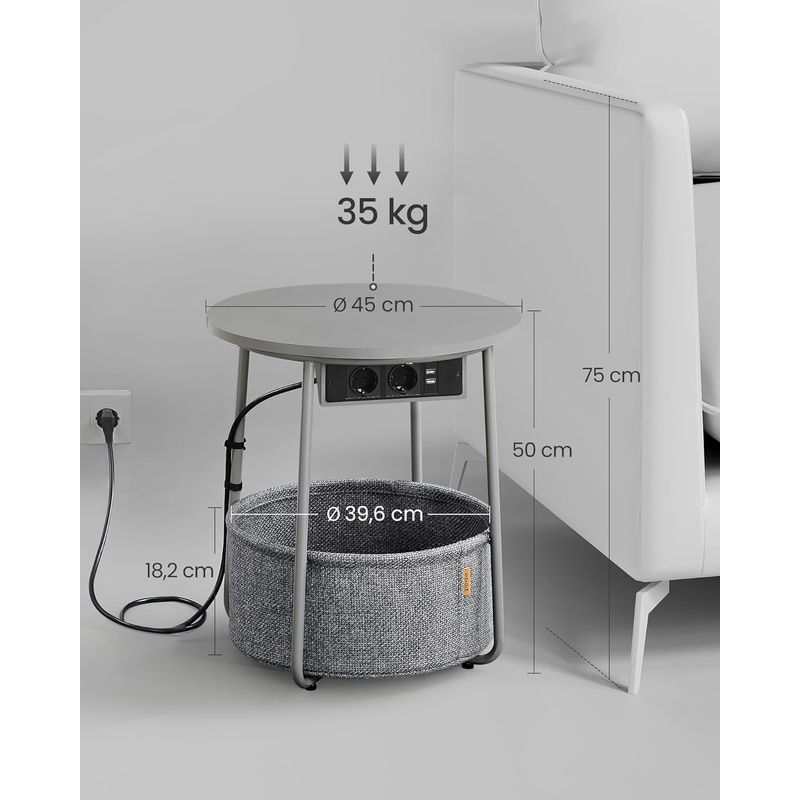 Casa si Gradina - Mobilier - Mese si birouri - Masute de cafea - Masuta de cafea rotunda cu cos de stofa, statie de incarcare 2 prize si 2 USB, 45x50cm, gri argintiu - Infinity.ro