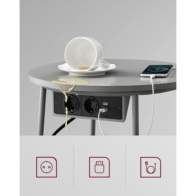 Casa si Gradina - Mobilier - Mese si birouri - Masute de cafea - Masuta de cafea rotunda cu cos de stofa, statie de incarcare 2 prize si 2 USB, 45x50cm, gri argintiu - Infinity.ro