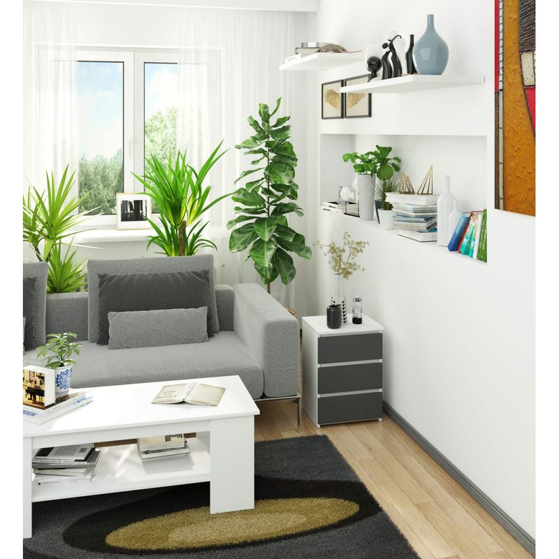 Casa si Gradina - Mobilier - Comode si corpuri - Noptiere - Noptiera cu 3 sertare, PAL laminat 16 mm, 40x35x57 cm, alb si gri - Infinity.ro