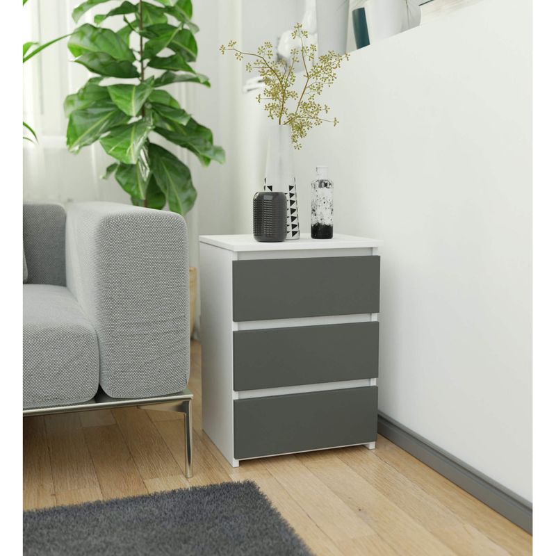Casa si Gradina - Mobilier - Comode si corpuri - Noptiere - Noptiera cu 3 sertare, PAL laminat 16 mm, 40x35x57 cm, alb si gri - Infinity.ro