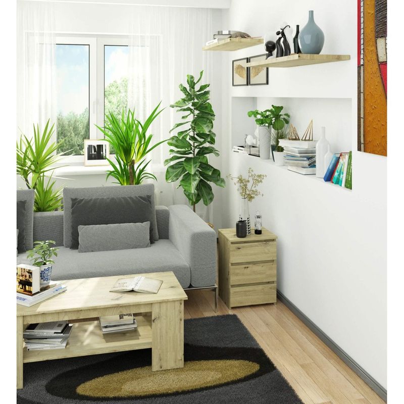 Casa si Gradina - Mobilier - Comode si corpuri - Noptiere - Noptiera cu 3 sertare, PAL laminat 16 mm, 40x35x57 cm, stejar artisan - Infinity.ro