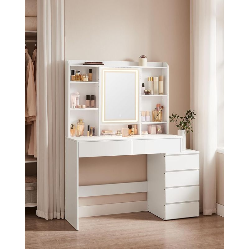 Casa si Gradina - Mobilier - Comode si corpuri - Masute de toaleta - Masa de toaleta cu oglinda, iluminare LED reglabila, 6 sertare, 118x40x145 cm, alb - Infinity.ro