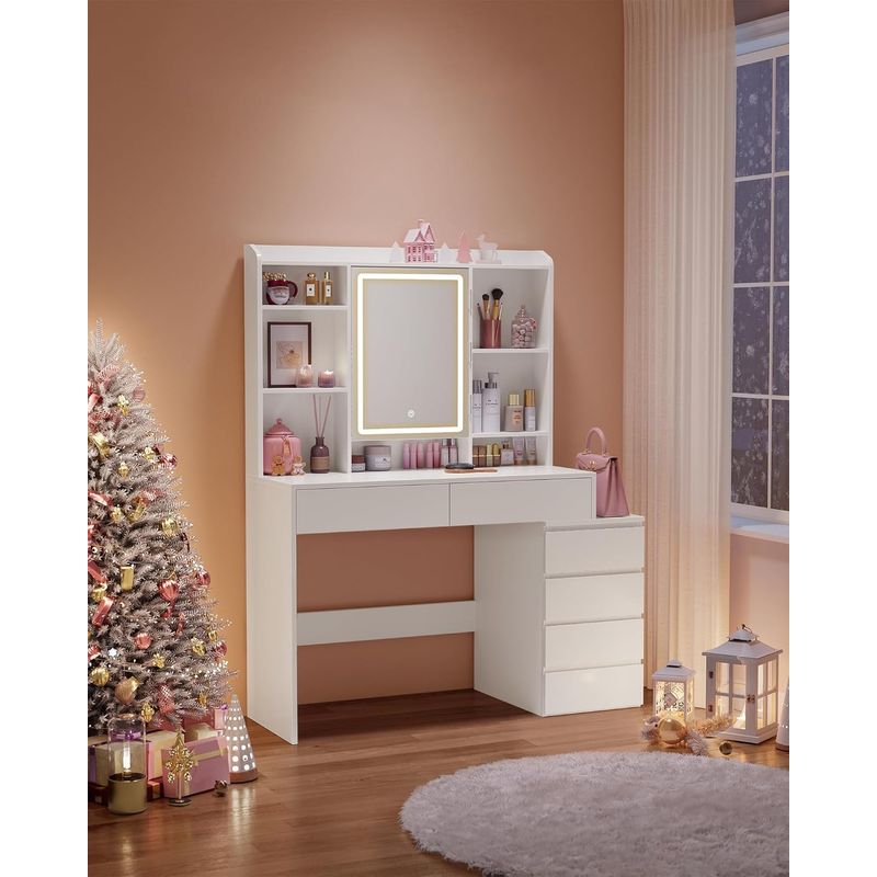 Casa si Gradina - Mobilier - Comode si corpuri - Masute de toaleta - Masa de toaleta cu oglinda, iluminare LED reglabila, 6 sertare, 118x40x145 cm, alb - Infinity.ro