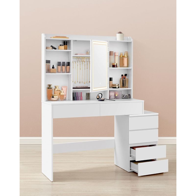 Casa si Gradina - Mobilier - Comode si corpuri - Masute de toaleta - Masa de toaleta cu oglinda, iluminare LED reglabila, 6 sertare, 118x40x145 cm, alb - Infinity.ro