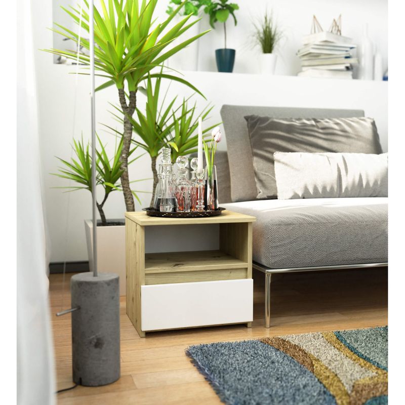 Casa si Gradina - Mobilier - Comode si corpuri - Noptiere - Noptiera cu 1 sertar, PAL laminat 16mm, 40x35x40 cm, stejar artisan si alb - Infinity.ro