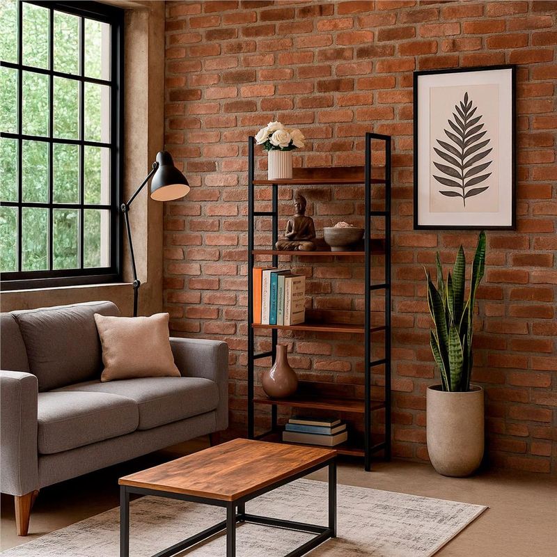 Casa si Gradina - Mobilier - Biblioteci si rafturi - Etajere - Etajera cu 4 polite din MDF si cadru metalic, stil industrial, 60x28x124.5 cm, maro inchis si negru - Infinity.ro