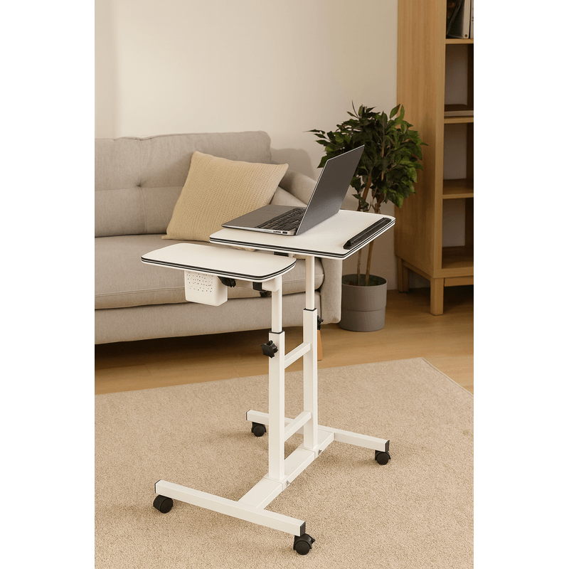 Casa si Gradina - Mobilier - Mese si birouri - Birouri - Masuta laptop reglabila cu 2 blaturi acrilice, pe roti cu blocare, 60-90 cm, alb perlat - Infinity.ro