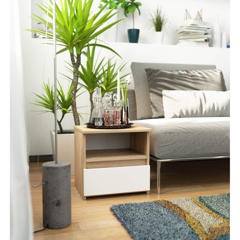Casa si Gradina - Mobilier - Comode si corpuri - Noptiere - Noptiera cu 1 sertar, PAL laminat 16mm, 40x35x40 cm, stejar sonoma si alb - Infinity.ro