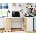 Casa si Gradina - Mobilier - Mese si birouri - Birouri - Birou colt dreapta in L cu 3 sertare si rafturi, PAL laminat 16 mm, 155x85x77 cm, alb si stejar sonoma - Infinity.ro