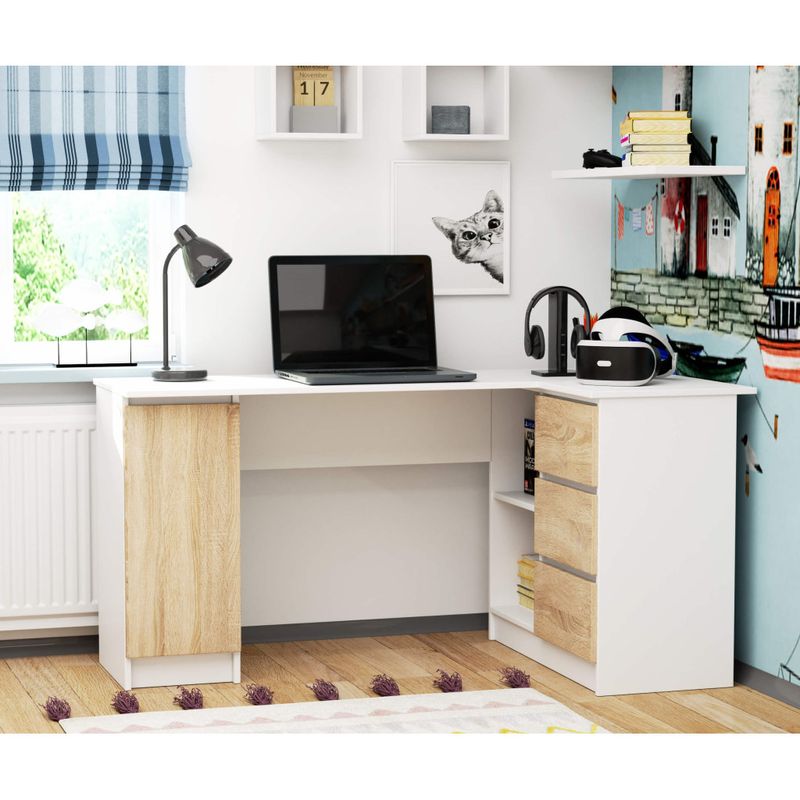 Casa si Gradina - Mobilier - Mese si birouri - Birouri - Birou colt dreapta in L cu 3 sertare si rafturi, PAL laminat 16 mm, 155x85x77 cm, alb si stejar sonoma - Infinity.ro