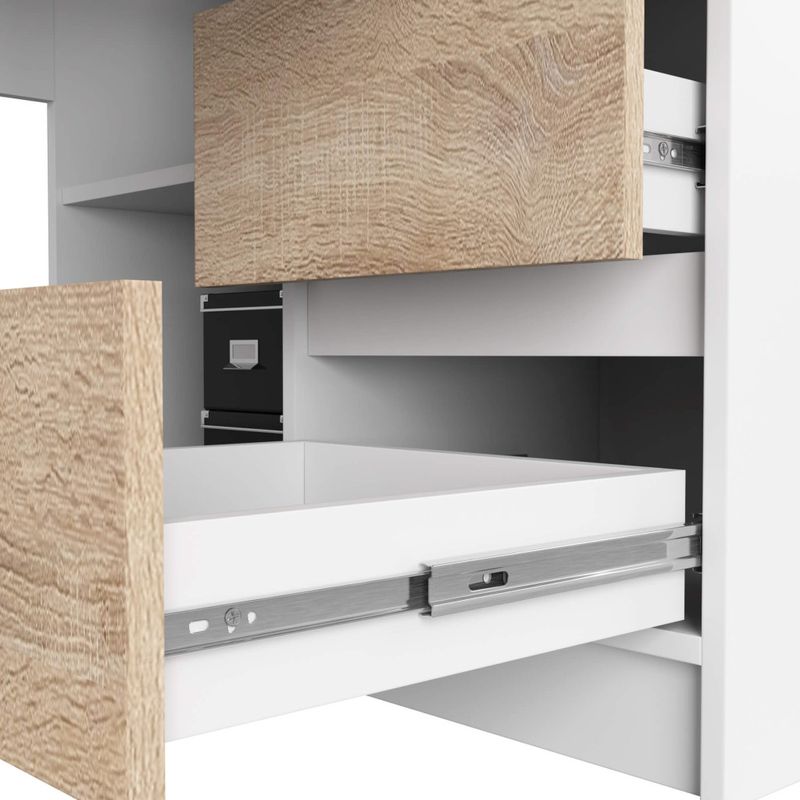 Casa si Gradina - Mobilier - Mese si birouri - Birouri - Birou colt dreapta in L cu 3 sertare si rafturi, PAL laminat 16 mm, 155x85x77 cm, alb si stejar sonoma - Infinity.ro