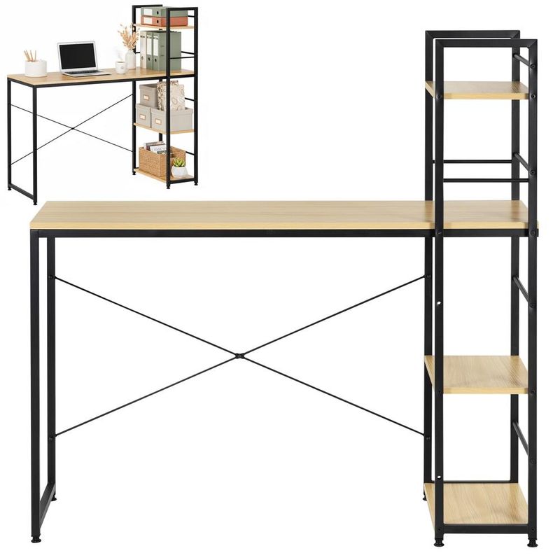 Casa si Gradina - Mobilier - Mese si birouri - Birouri - Birou cu blat MDF si rafturi laterale, cadru metalic, 120x48x122 cm, maro deschis - Infinity.ro