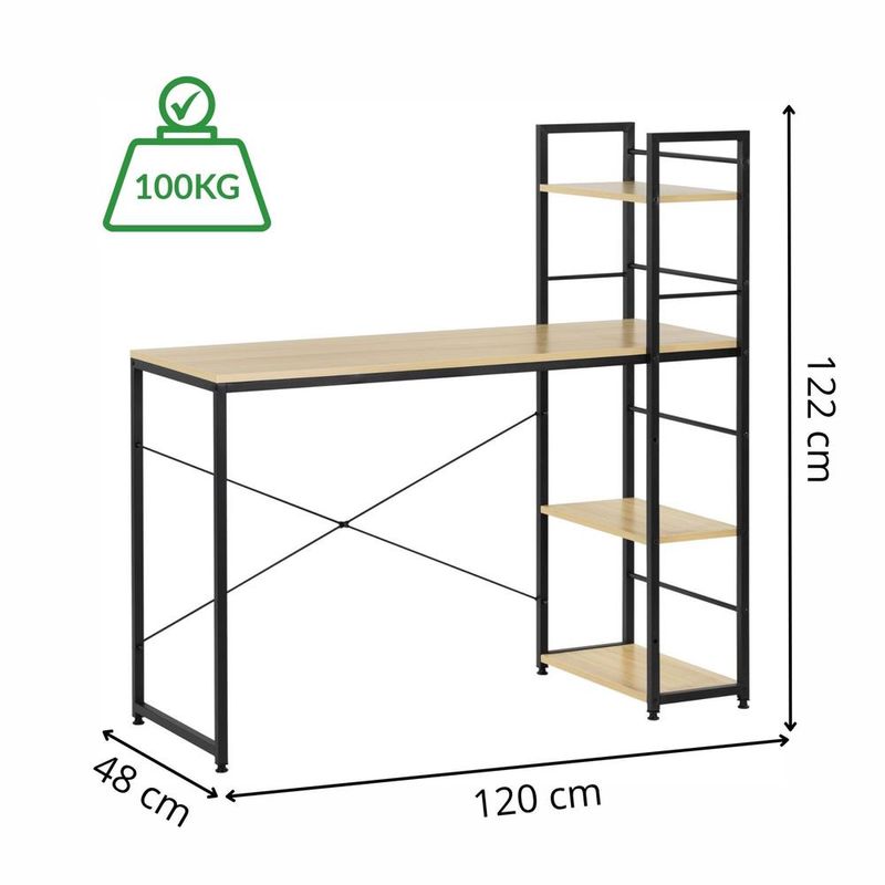 Casa si Gradina - Mobilier - Mese si birouri - Birouri - Birou cu blat MDF si rafturi laterale, cadru metalic, 120x48x122 cm, maro deschis - Infinity.ro