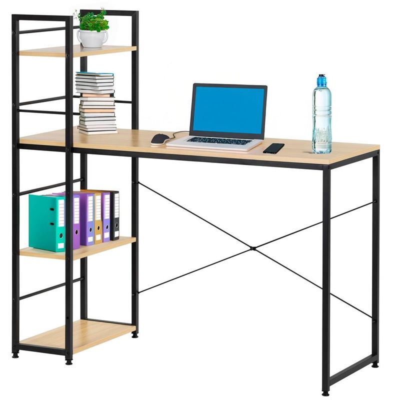 Casa si Gradina - Mobilier - Mese si birouri - Birouri - Birou cu blat MDF si rafturi laterale, cadru metalic, 120x48x122 cm, maro deschis - Infinity.ro