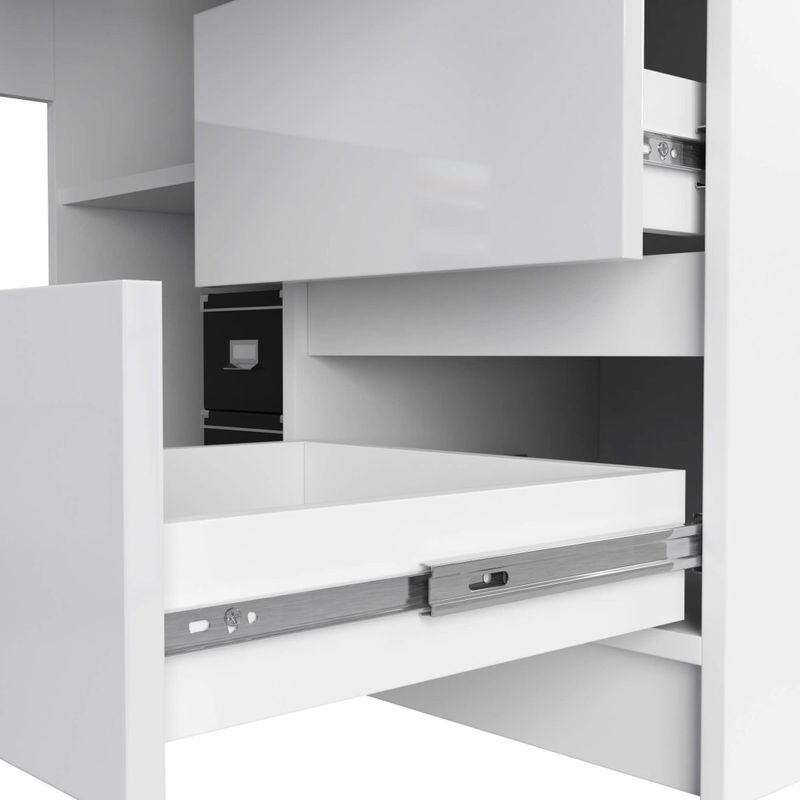 Casa si Gradina - Mobilier - Mese si birouri - Birouri - Birou colt dreapta in L cu 3 sertare si rafturi, fronturi din MDF lucios, 155x85x77 cm, alb lucios - Infinity.ro