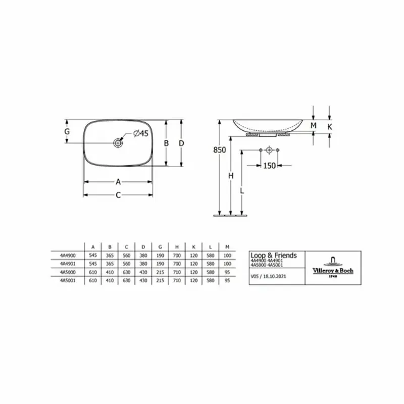 Casa si Gradina - Sanitare - Lavoar baie si accesorii - Lavoare si piedestale - Lavoar pe blat Villeroy&Boch Loop&Friends dreptunghiular alb 62 cm - Infinity.ro