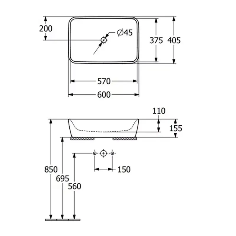 Casa si Gradina - Sanitare - Lavoar baie si accesorii - Lavoare si piedestale - Lavoar pe blat Villeroy&Boch Architectura dreptunghiular finisaj alb lucios 60 cm - Infinity.ro