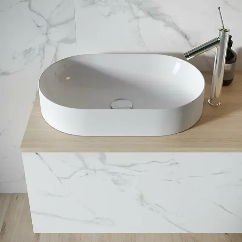 Casa si Gradina - Sanitare - Lavoar baie si accesorii - Lavoare si piedestale - Lavoar oval alb pe blat Cersanit Inverto 60 cm - Infinity.ro
