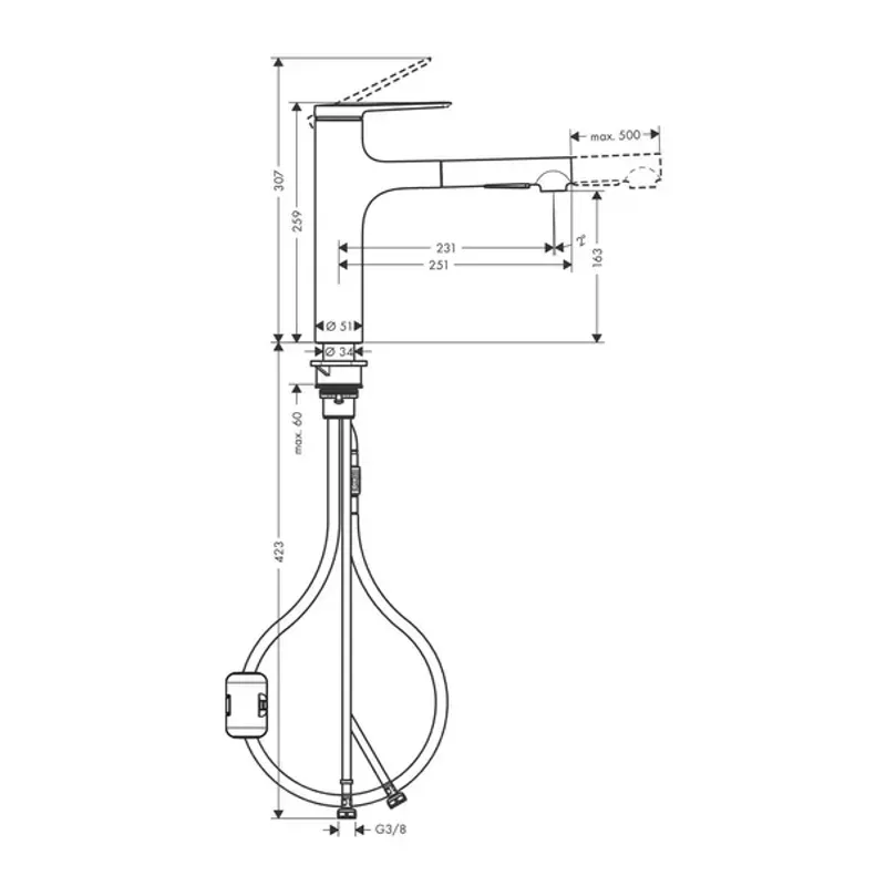 Casa si Gradina - Sanitare - Chiuveta bucatarie si accesorii - Baterii bucatarie - Baterie bucatarie cu dus extractibil Hansgrohe Zesis M33 160 negru mat 2 tipuri de jet - Infinity.ro
