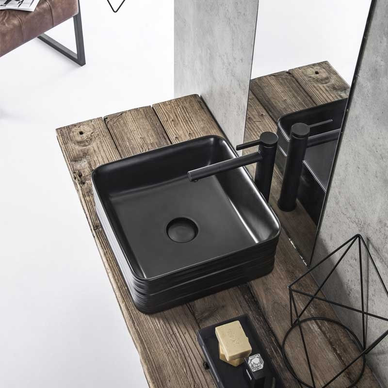 Casa si Gradina - Sanitare - Lavoar baie si accesorii - Lavoare si piedestale - Lavoar pe blat, Fluminia, My Black Box, patrat, 39 x 39 cm, cu ventil, negru mat - Infinity.ro