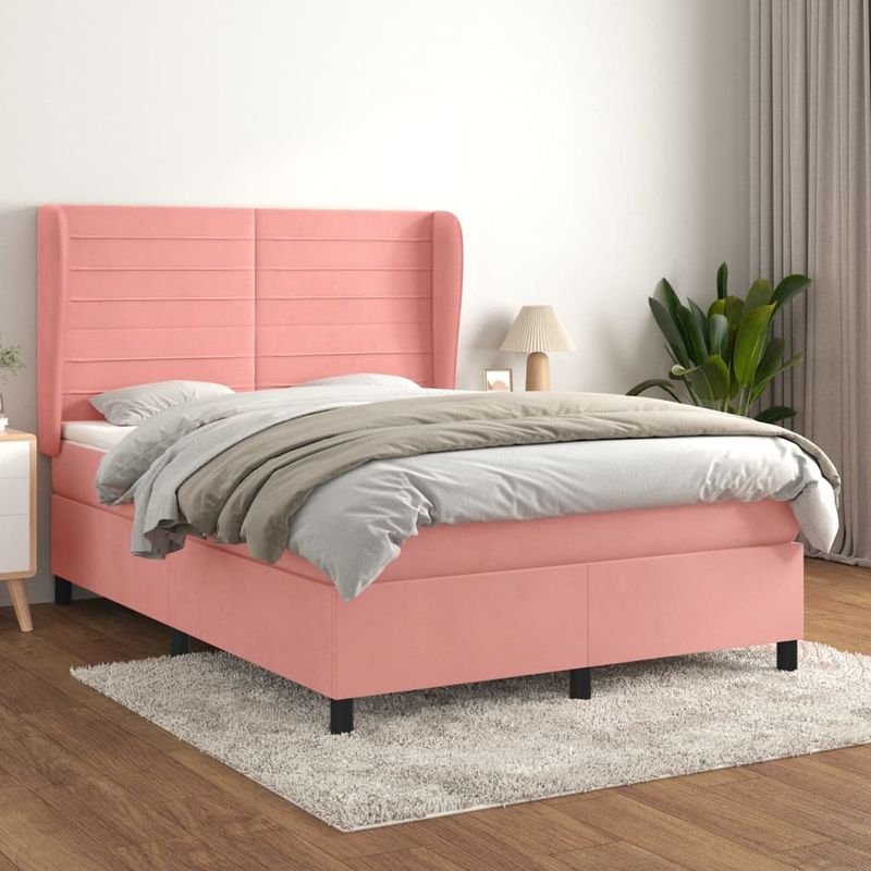 Casa si Gradina - Mobilier - Paturi si accesorii - Paturi - Pat box spring cu saltea, roz, 140x200 cm, catifea - Infinity.ro