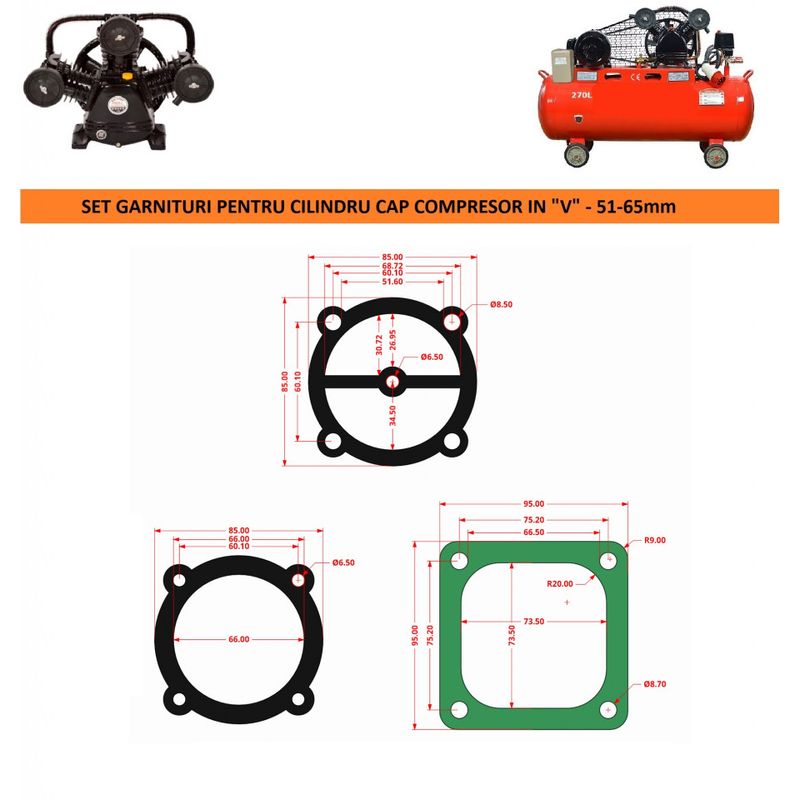 Casa si Gradina - Electrice - Echipamente electrice - Compresoare - Garnituri set pentru cap compresor de aer V 65mm CH080 Mod.3(I) - Infinity.ro