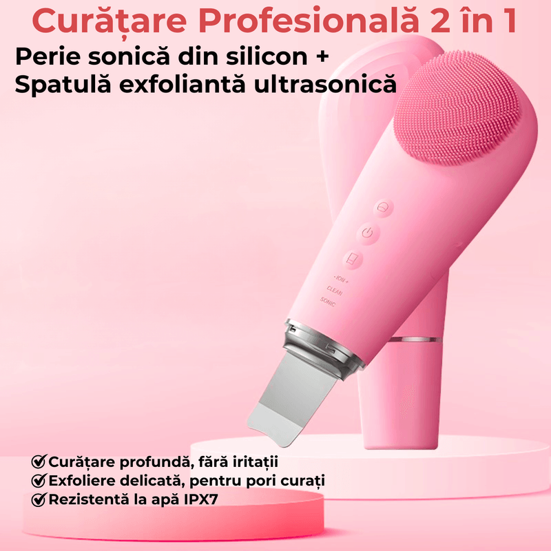 Ingrijire personala si Cosmetice - Aparate & accesorii ingrijire personala - Aparate cosmetice - Aparate intretinere si ingrijire corporala - Perie Electrica Faciala 2 in 1 JustNet®, cu Spatula Ultrasonica Scrubber, 7 Moduri Vibratie Sonica, IPX7 Waterproof - Infinity.ro