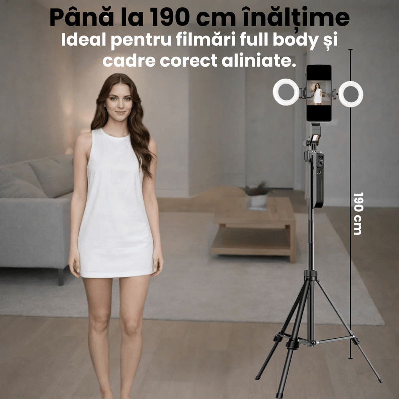 Laptop, Telefoane si Tablete - Telefoane mobile si accesorii - Accesorii Telefoane - Selfie stick-uri - Selfie Stick Profesional JustNet® 1.9 m cu Urmarire AI, Trepied din Aluminiu, Stabilizator, 2 Lampi LED, fara Aplicatie - Infinity.ro