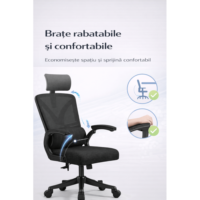 Casa si Gradina - Mobilier - Scaune si fotolii - Scaune - Scaun Ergonomic Reglabil pentru Birou si Gaming, Negru Dark, Tetiera 2D, Mecanism Syncron - Infinity.ro