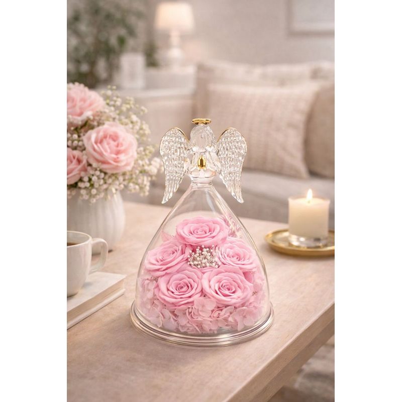 Market - Cadouri - Flori si aranjamente - Inger cu 5 trandafiri eterni sub cupola de sticla, cadou romantic pentru iubita, sotie, mama, valentine’s day, roz - Infinity.ro