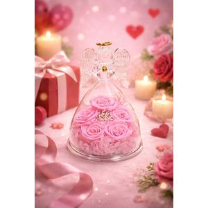 Inger cu 5 trandafiri eterni sub cupola de sticla, cadou romantic pentru iubita, sotie, mama, valentine’s day, roz