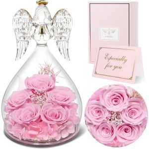 Inger cu 5 trandafiri eterni sub cupola de sticla, cadou romantic pentru iubita, sotie, mama, valentine’s day, roz