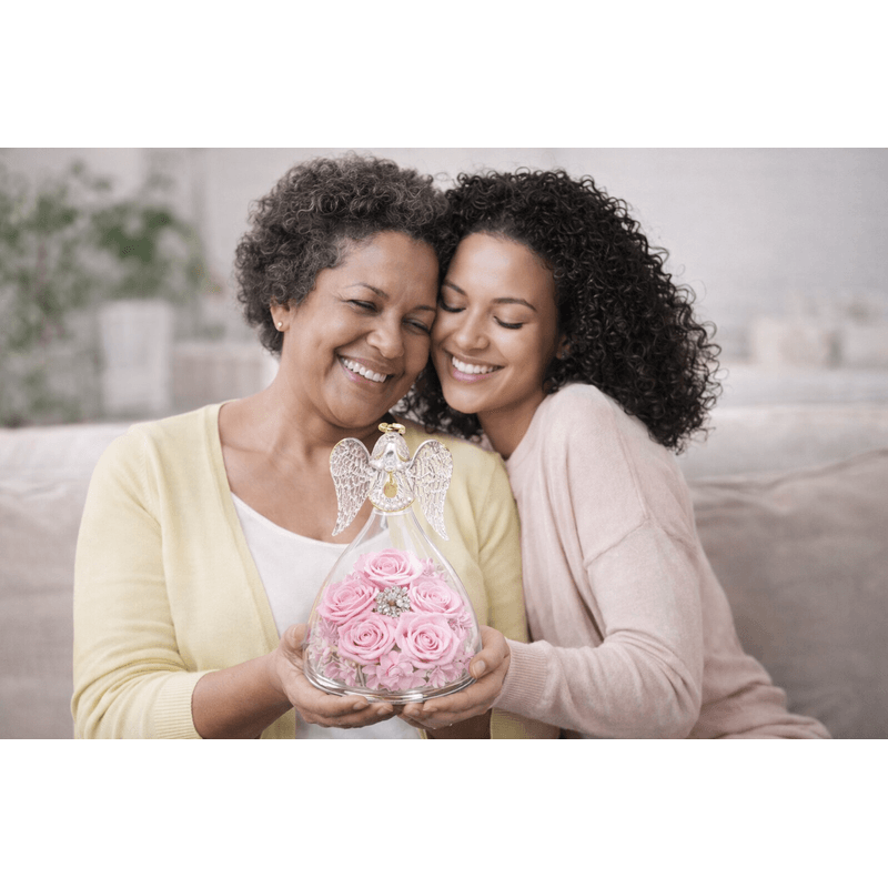 Market - Cadouri - Flori si aranjamente - Inger cu 5 trandafiri eterni sub cupola de sticla, cadou romantic pentru iubita, sotie, mama, valentine’s day, roz - Infinity.ro