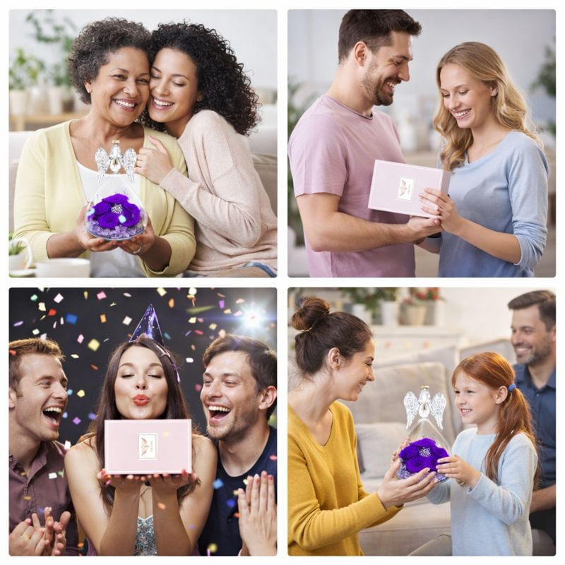 Market - Cadouri - Flori si aranjamente - Inger cu 5 trandafiri eterni sub cupola de sticla, cadou romantic pentru iubita, sotie, mama, valentine’s day, mov - Infinity.ro