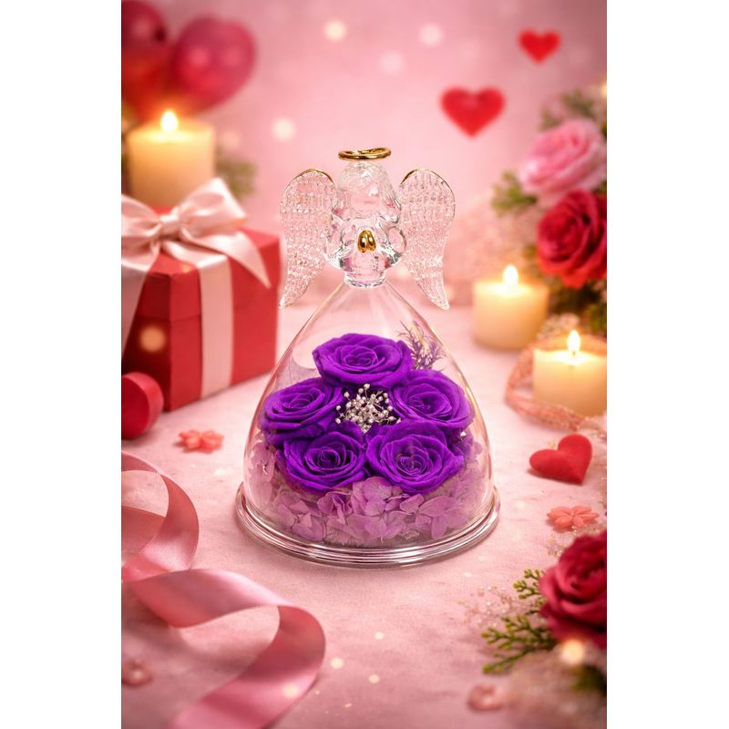 Market - Cadouri - Flori si aranjamente - Inger cu 5 trandafiri eterni sub cupola de sticla, cadou romantic pentru iubita, sotie, mama, valentine’s day, mov - Infinity.ro