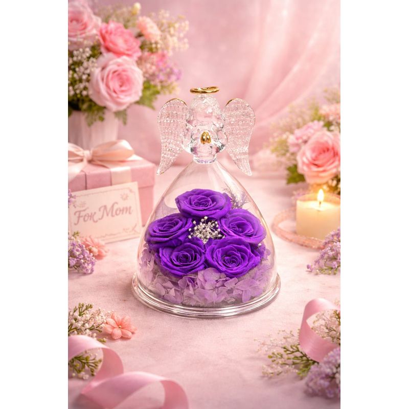 Market - Cadouri - Flori si aranjamente - Inger cu 5 trandafiri eterni sub cupola de sticla, cadou romantic pentru iubita, sotie, mama, valentine’s day, mov - Infinity.ro