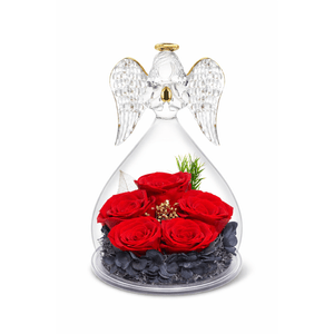 Inger cu 5 trandafiri eterni sub cupola de sticla, cadou romantic pentru iubita, sotie, mama, valentine’s day, rosu