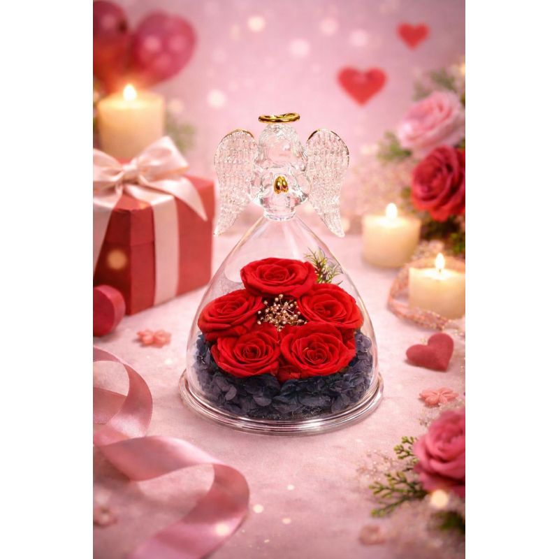Market - Cadouri - Flori si aranjamente - Inger cu 5 trandafiri eterni sub cupola de sticla, cadou romantic pentru iubita, sotie, mama, valentine’s day, rosu - Infinity.ro