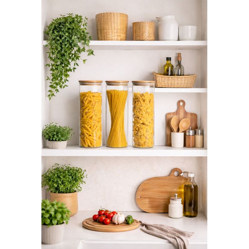 Casa si Gradina - Mobilier - Organizare si depozitare - Recipiente depozitare - Set 3 borcane inalte din sticla 2l cu capac din lemn si inchidere etansa, recipiente depozitare paste, cafea, cereale - Infinity.ro