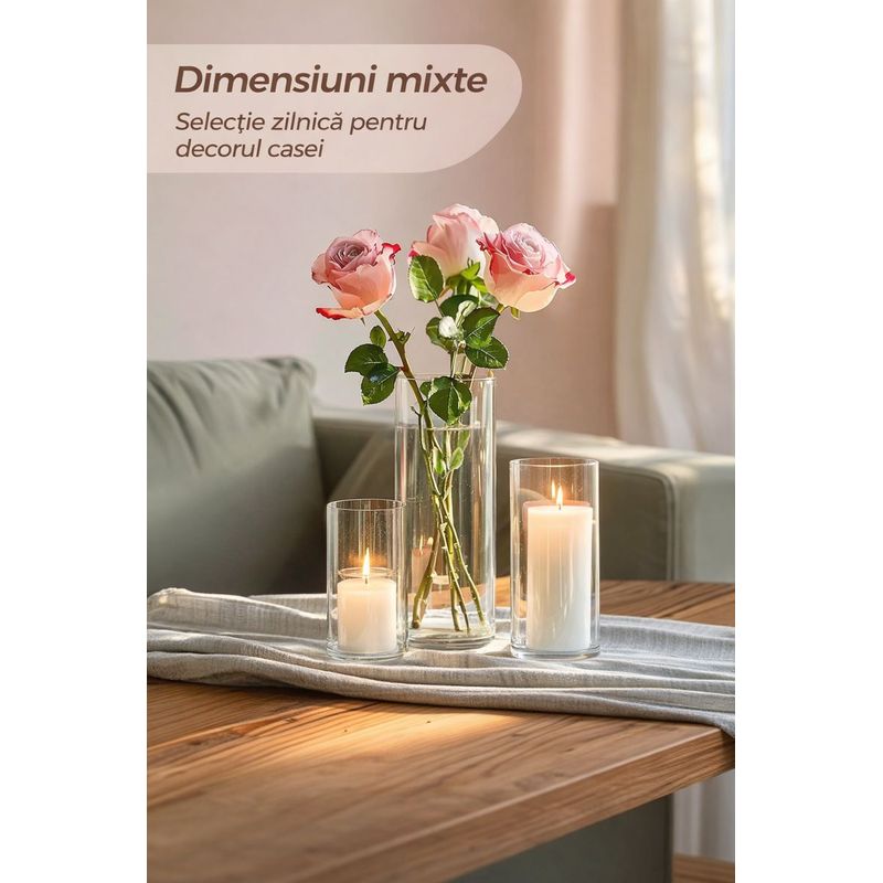 Casa si Gradina - Decoratiuni - Obiecte decorative - Vaze si boluri decorative - Set 6 vaze cilindrice din sticla transparenta, 3 dimensiuni diferite, pentru flori si lumanari plutitoare - Infinity.ro