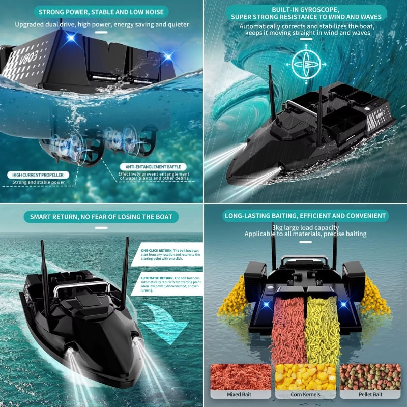 Sport si Outdoor - Sporturi acvatice - Pescuit - Echipament suplimentar pentru pescuit - Barca Plantat, Nadit si Momit iUni V803, GPS, 18000mAh, 4 cuve, 3kg, 500m, 15km/h - Infinity.ro