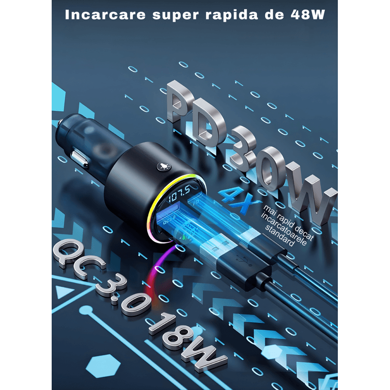 Auto si Moto - Electronice auto - Accesorii electronice auto - Modulator FM universal cu Bluetooth, redare muzica, apeluri hands-free, USB-A si USB-C pentru incarcare,Android si iOS - Infinity.ro