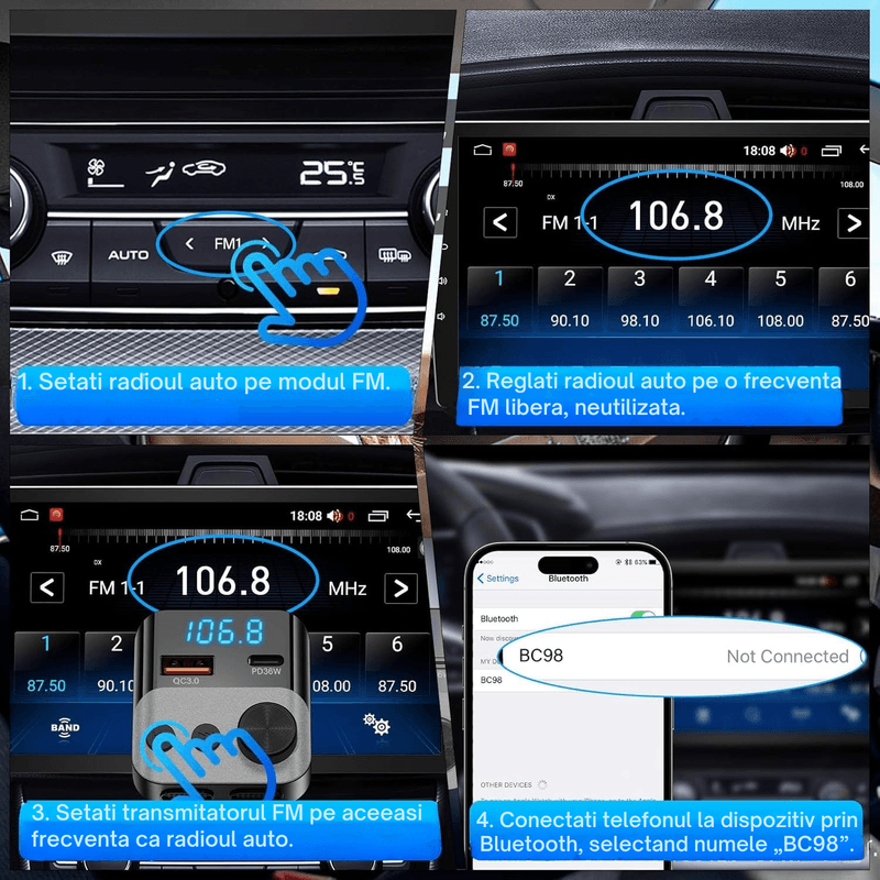 Auto si Moto - Electronice auto - Accesorii electronice auto - Modulator FM auto multifunctional cu Bluetooth, USB-A si USB-C pentru incarcare rapida, functie handsfree cu microfon - Infinity.ro