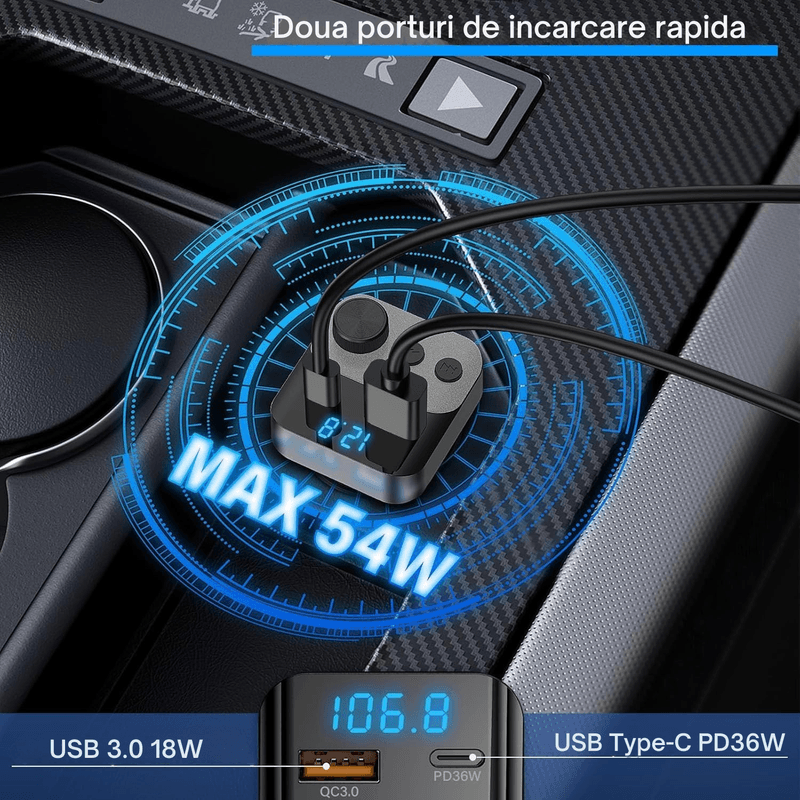 Auto si Moto - Electronice auto - Accesorii electronice auto - Modulator FM auto multifunctional cu Bluetooth, USB-A si USB-C pentru incarcare rapida, functie handsfree cu microfon - Infinity.ro