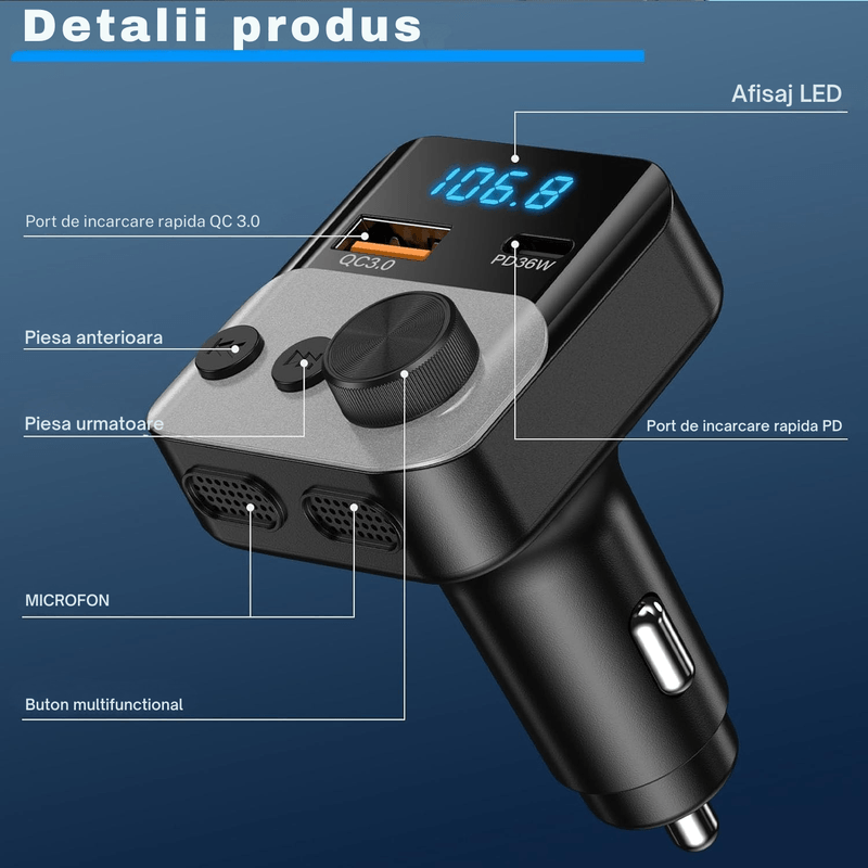 Auto si Moto - Electronice auto - Accesorii electronice auto - Modulator FM auto multifunctional cu Bluetooth, USB-A si USB-C pentru incarcare rapida, functie handsfree cu microfon - Infinity.ro