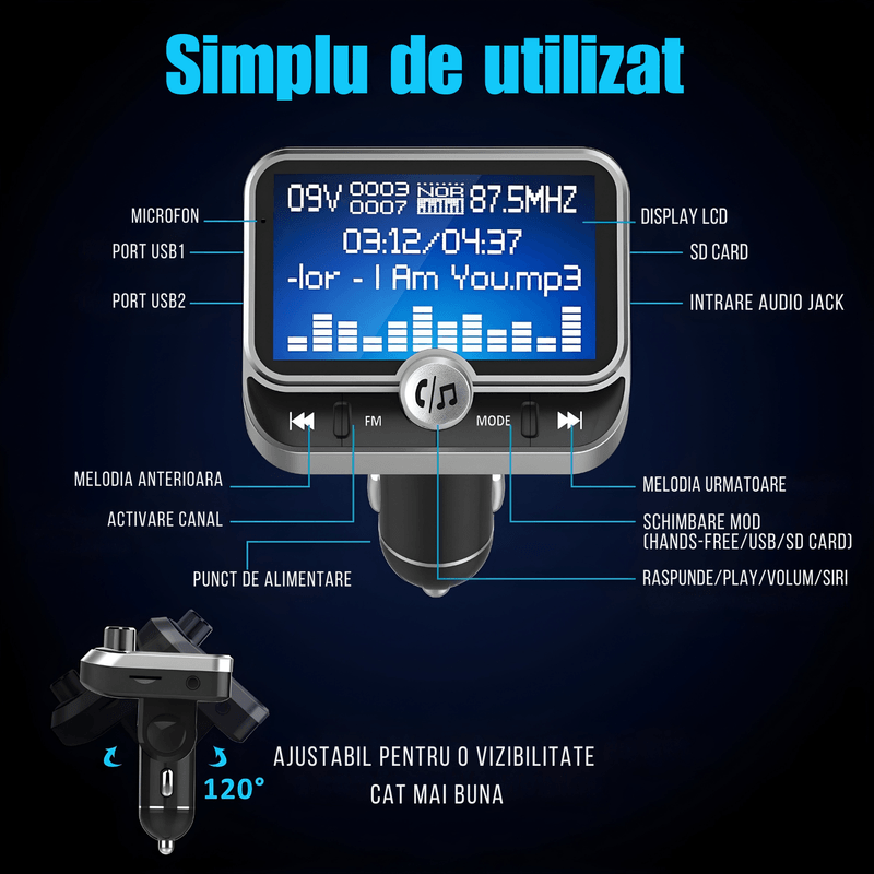 Auto si Moto - Electronice auto - Accesorii electronice auto - Modulator FM cu Bluetooth pentru muzica si apeluri hands-free, buton rotativ, 2 porturi USB-A, microSD, Android si iOS - Infinity.ro
