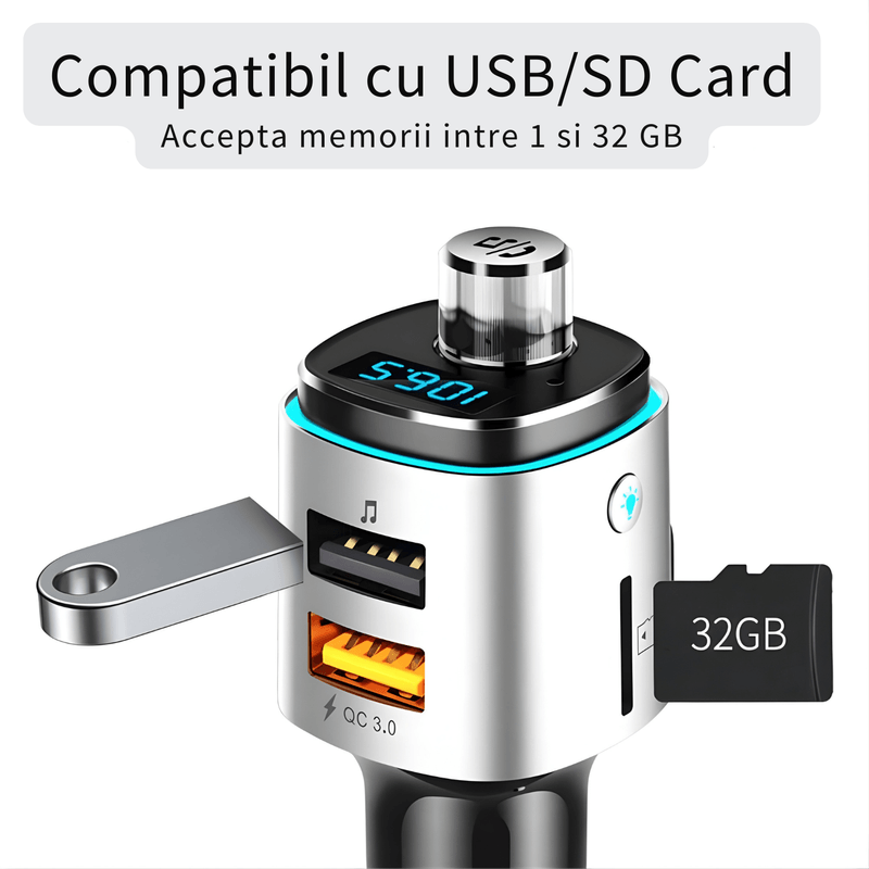 Auto si Moto - Electronice auto - Accesorii electronice auto - Modulator FM cu Bluetooth pentru redare muzica si handsfree, 2 porturi USB-A, slot microSD, compatibil Android si iOS - Infinity.ro