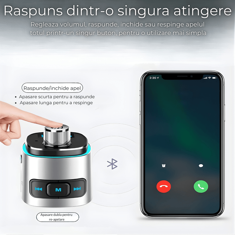 Auto si Moto - Electronice auto - Accesorii electronice auto - Modulator FM cu Bluetooth pentru redare muzica si handsfree, 2 porturi USB-A, slot microSD, compatibil Android si iOS - Infinity.ro